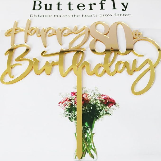 Happy 80th birthday cake Topper,Mirrored Gold Acrylic Durable Cake Topper,80th Birthday Party Cake Decorations,Hello 80th years old, Happy eighty years old, Birthday Party Decorations