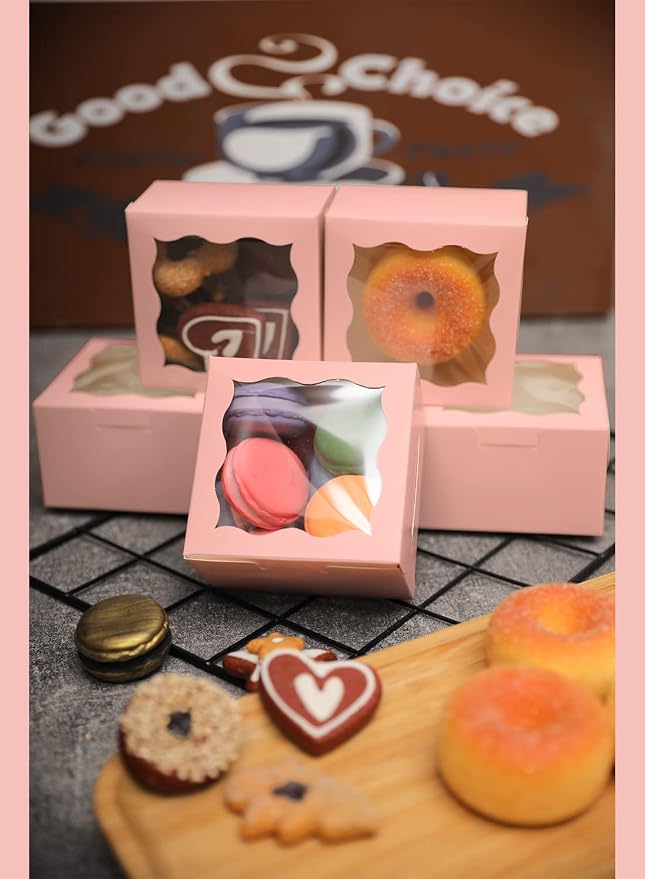 Bakepacker 400pcs Pink Bakery Boxes with Window 4"x 4"x 2.5" Thick & Cookie Boxes & Sturdy Macaroon Pastry