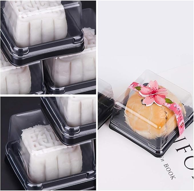 100 Pcs Mini Cake Containers with Lids, 2.75" Square Mooncake Box for 50g Pastry, Clear Plastic Individual Cupcake Holder for Muffin, Egg-Yolk Puff, Dessert Display (Black)