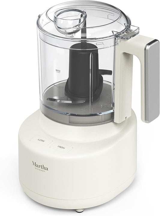 Martha Stewart 3 Cup Electric Food Chopper, Vegetable & Herb Mini Food Processor, 24oz BPA-Free Bowl, Stainless Steel Blades, Pour Spout, Dicing, Mincing, Chop & Puree, Dishwasher Safe, Linen