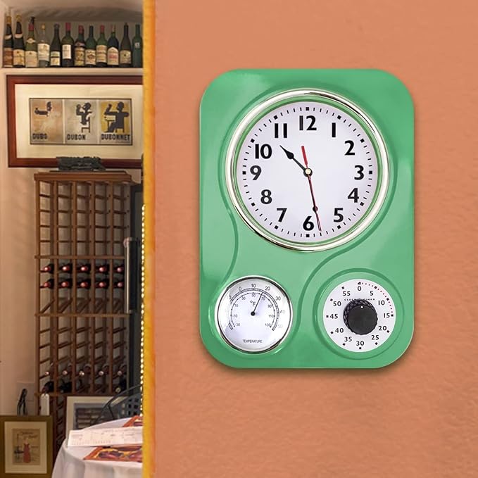 Lily's Home -9 Inch x 12.5 Inch - Retro Kitchen Wall Clock, Vintage Wall Clock with a Thermometer and 60-Minute Timer, Ideal for Any Kitchen, Office, or Diner (Retro Green)