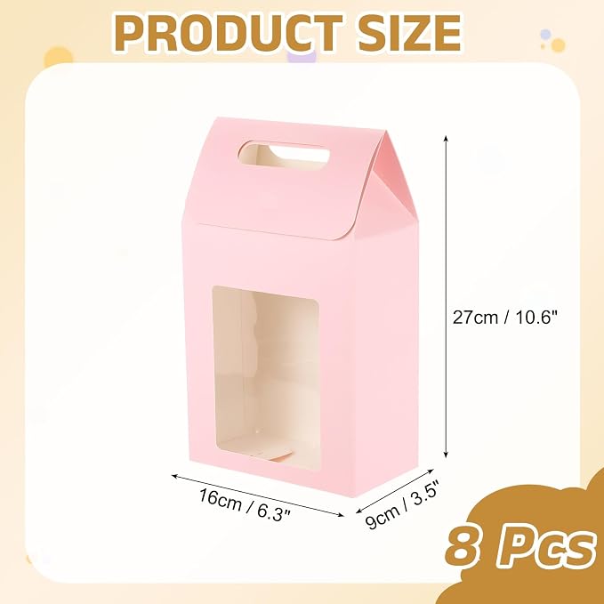 uxcell 8Pcs Gift Boxes, Favor Box with Clear Window and Handle, Stand Up Favor Treat Boxes for Candy, Cookies, Party Store, Packaging, Wedding, Pink