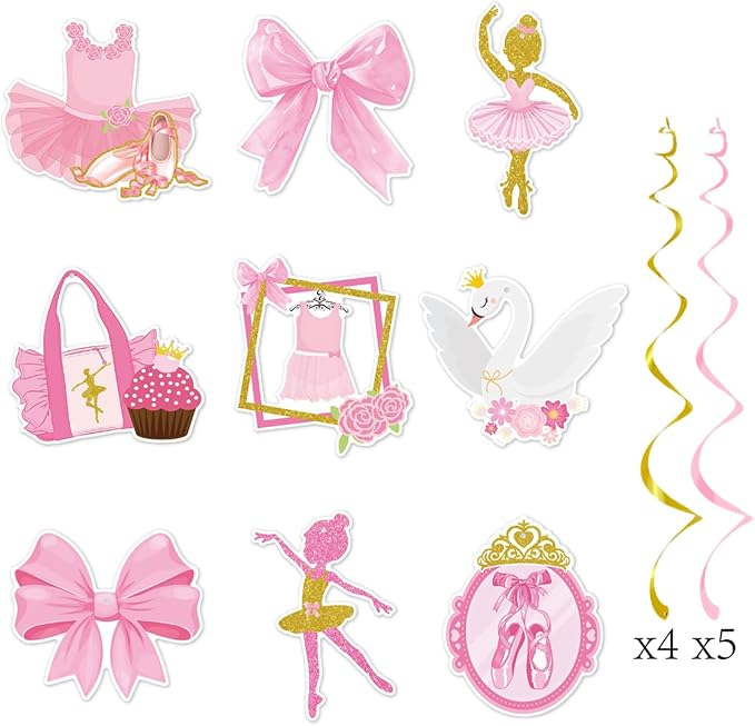 Zwiebeco Pink Gold Ballerina Happy Birthday Banner Bunting Hanging Paper Swirls Garland Party Decorations for Girls Women Princess-Style Ballet Dancing Themed Bday Decor Accessories Supplies