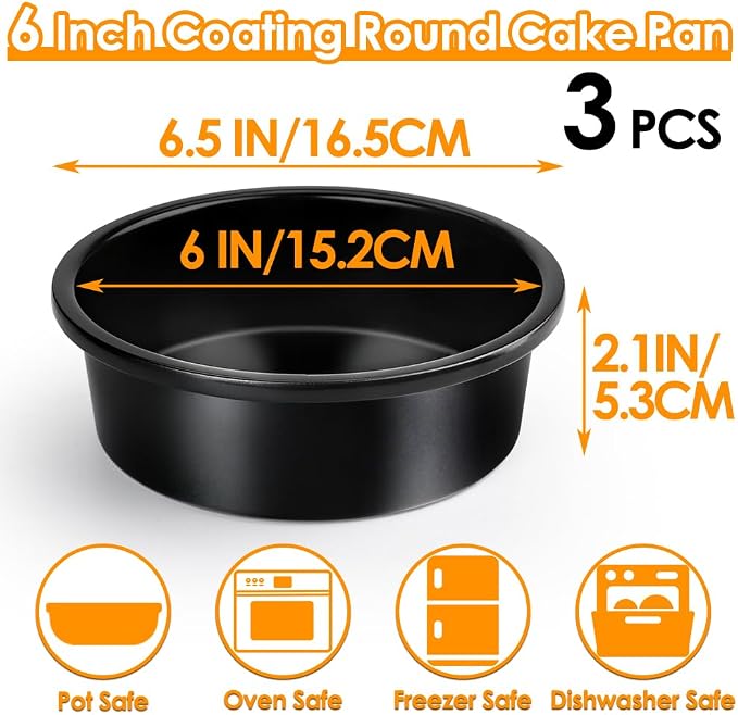 6 Inch Round Cake Pan Set of 3, Nonstick Coating Baking Round Cake Pans with Remvable Bottom for Birthday Layered Cakes,Party, Circle Cake Tins With Wider Grips for Oven Air Fryer, Black
