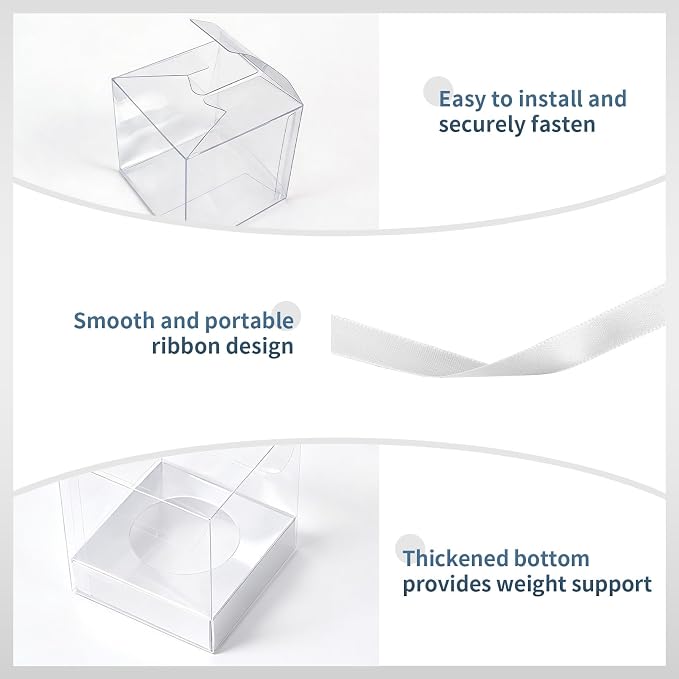 50 Pcs Sliver Clear Plastic Cupcake Boxes, Individual 3.5 Inch Single Holder Containers with Insert and Ribbon, Paper Base for Wedding, Birthday, Party Favor Gift