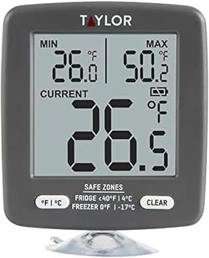 Taylor LCD Display Digital Kitchen Refrigerator/Freezer Kitchen Thermometer Min/Max on Display, 2 inch display, Gray, 1 Count (Pack of 1)