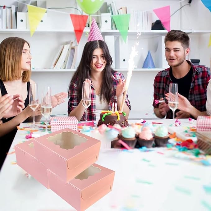 Generic 50Pcs (6x6x3 in) Mini Cake Boxes+3 stickers with Display Window for Gift Giving, Bakesale, Cupcakes, Dessert, Cookies, Pie, Macaroons, Donuts, Pastry, Kraft Paper Material… (50Pcs Pink)
