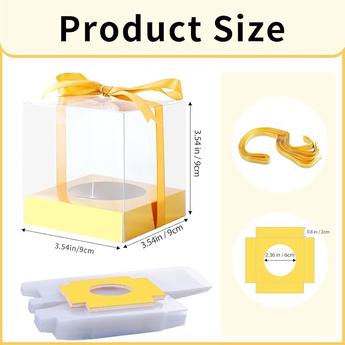 24 Pcs Clear Plastic Cupcake Boxes, 3.5 Inch Single Cupcake Containers for Cake Dessert, Individual Cake Storage Holder with Ribbon Wedding Birthday Party Favor (Gold)