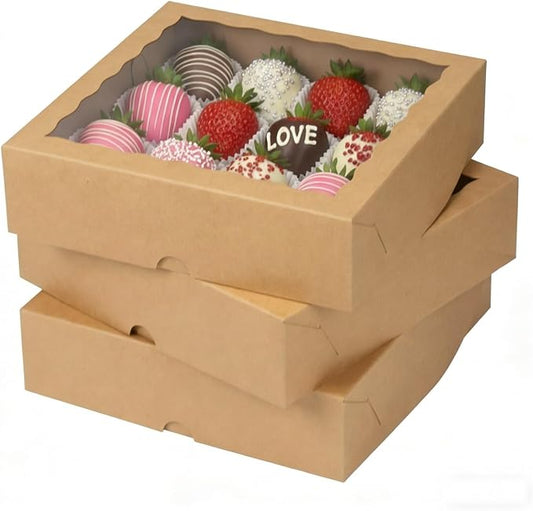 12Pack 9x9x2.5 Inches Kraft Brown Bakery Boxes,Pie Boxes with Clear Window Treat Boxes for Chocolate Strawberries, Pastries, Muffins, Donuts,Cookie,Breakable Heart