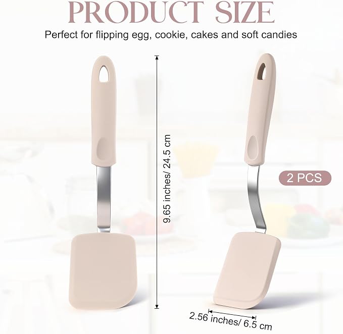 Silicone Cookie Spatula Turner 2 Pack Mini Brownie Spatula Flexible Kitchen Small Silicone Turner for Nonstick Cookware Heat Resistant No Scratch Flipper for Pancake(Solid Flat,Khaki)
