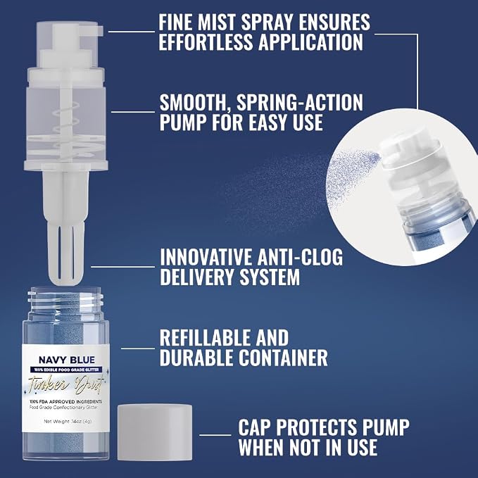 Bakell - Navy Blue Tinker Dust (4g, 1x Mini Spray Pump) Edible Glitter for Food, Desserts, and Baked goods!