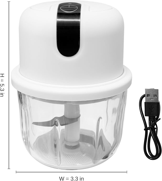 Mini Electric Garlic Chopper, 350ML Glass Bowl Food Processor, USB Rechargeable/Battery Operated Mincer with 3 Stainless Steel Blades for Garlic, Ginger, Chili, Nuts, White