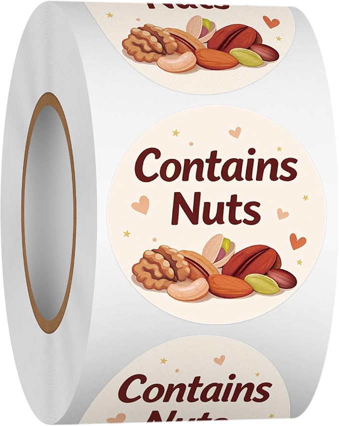 Louise Maelys 500 Pcs Contains Nuts Stickers -1.5 Inch Nut Allergen Allergy Warning Sticker Nuts Allergen Labels Allergic to Nuts for Baking,Food Safety,Retail and Restaurants