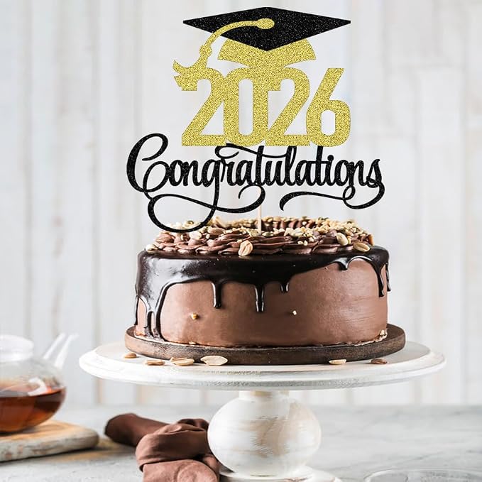 Black Gold Glitter 2026 Congratulations Graduation Cake Topper,Congrats Grad Cake Decor - 2026 High School/College/Senior Graduation Party Decorations Supplies (Black gold)