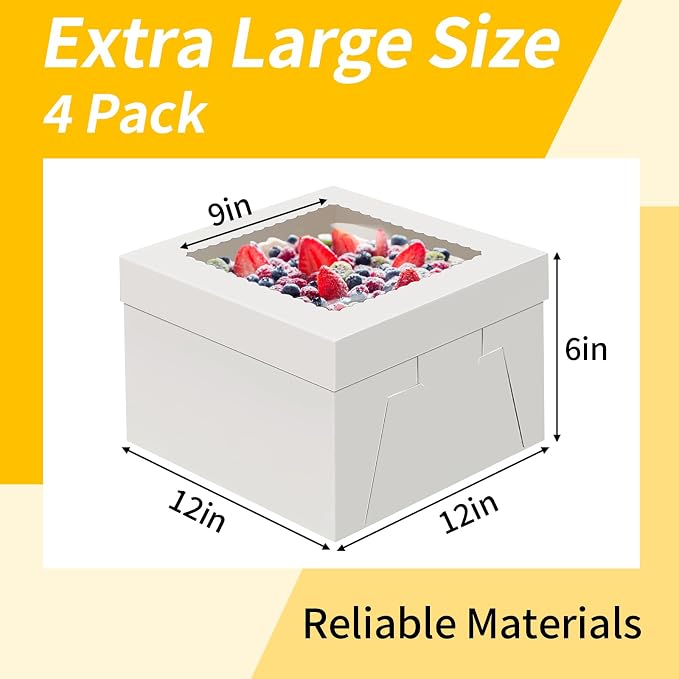 WINKIO 4 Pack Cake Boxes 12 Inch, Disposable Cake Transport Container, Cake Carrier, White Cake Holder with Large Window, for Bakery Cookies Pies Cupcakes Pastry (12×12×6 Inches)