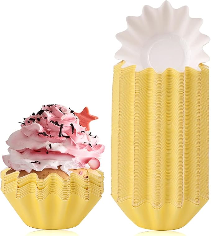 100 PCS Baking Cups Cupcake Liner Flared Brioche Muffin Wrappers (Yellow) | Standard Greaseproof Coated Paper Cup for Wedding Birthday Holiday Party or Baby Shower