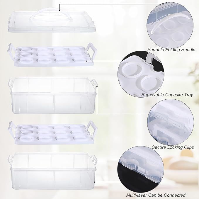 BSTKEY 2 Tier Cupcake Carrier, Each Tier Holds 12 Cupcakes, 2 in 1 Stackable Cupcake Container and Cake Keeper with Lid, Clear Plastic Box Holding 24 Pastries for Birthday Party Bakery Supplies