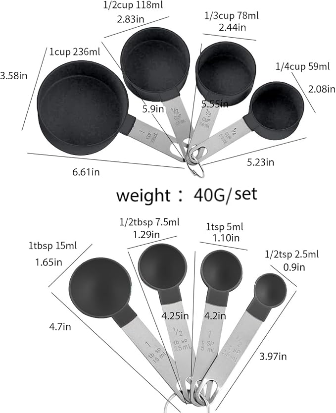 Plastic Measuring Cup & Spoon Set – 8-Piece with Stainless Steel Handles, Stackable, for Baking & Cooking