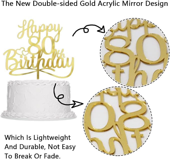 Sleyberoy Acrylic Happy 80th Birthday Cake Topper- Hello 80,Cheers to 80 Years,80th Anniversary/Birthday Party、 men and women Happy eighty Birthday Selected cake decoration (80th)