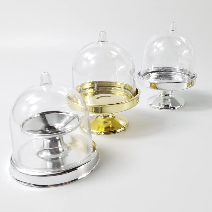 TIHOOD 12PCS Mini Cupcake Stand, Tiny Cake Dome with Clear Plastic For Chocolate, Cheese, Coconut Macaroons, Rum Balls, Candies & More! (Silver)