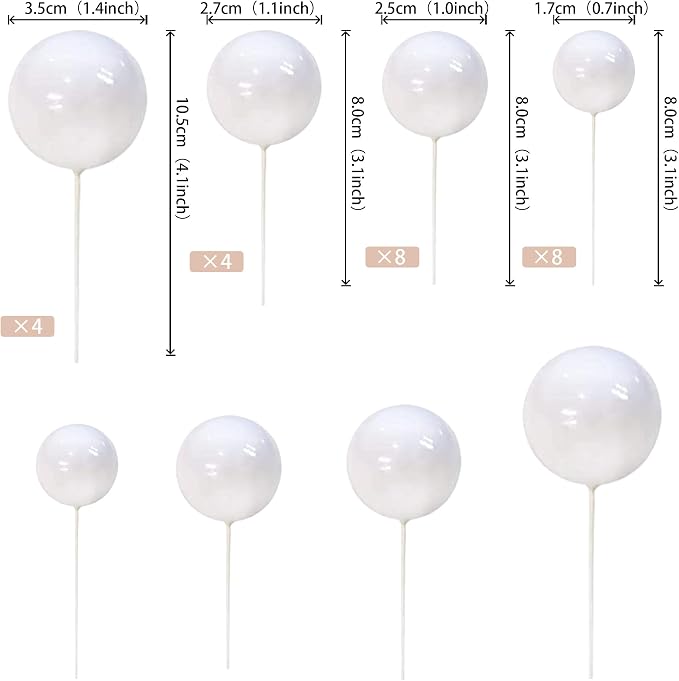 24 PCS Balls Cake Toppers Ball Cake Picks Foam Ball Shaped Cupcake Toppers Mini Balloons Baby Shower Cake Decorations for Wedding Enaggement Bridal Shower Birthday Party Supplies White