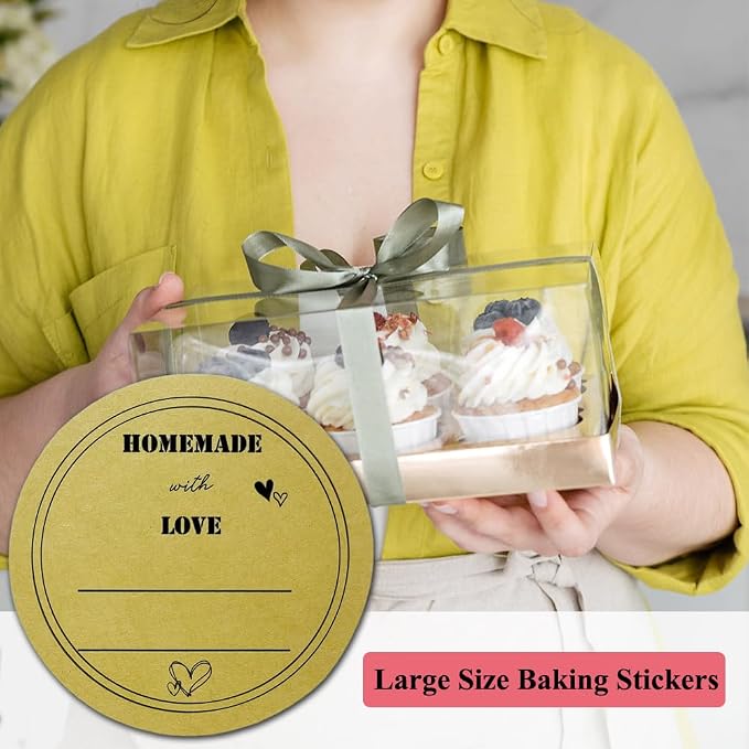 300 Pcs Baked with Love Stickers, 2 Inch Round Baking Labels, Kraft Baked Tags, Homemade Baking Stickers for Cookie Bags, Dessert Boxes