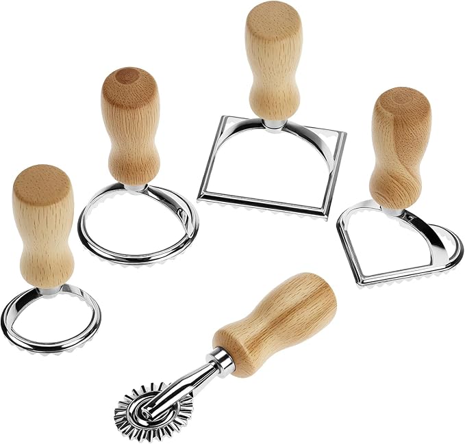 QWORK Ravioli Stamp Maker Cutter with Roller Wheel Set – Wood Handle, Sturdy Aluminum Frame, Precise Fluted Edges – Perfect for Ravioli, Pasta, Cookies