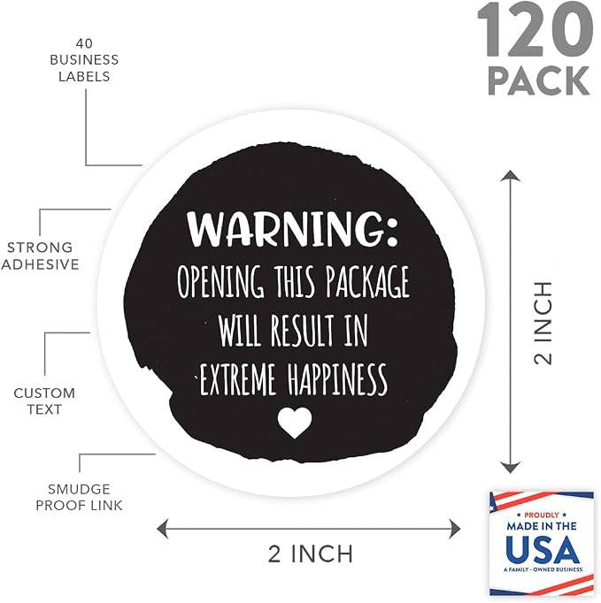 Andaz Press Round Small Business Sticker Labels 120-Pack, Warning: Opening This Package Will Result in Extreme Happiness, Packaging Stickers, Product Labels for Small Business Thank You Stickers