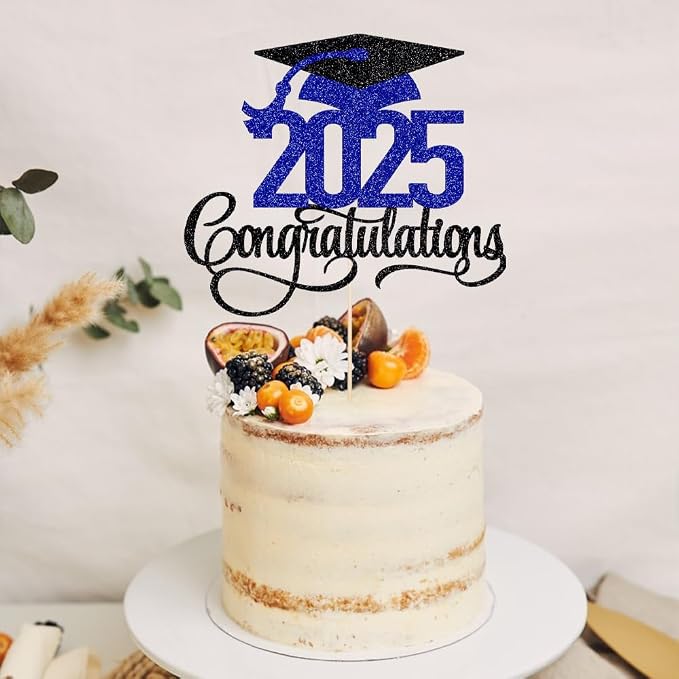 Black Gold Glitter 2025 Congratulations Graduation Cake Topper,Congrats Grad Cake Decor - 2025 High School/College/Senior Graduation Party Decorations Supplies (Dark blue)