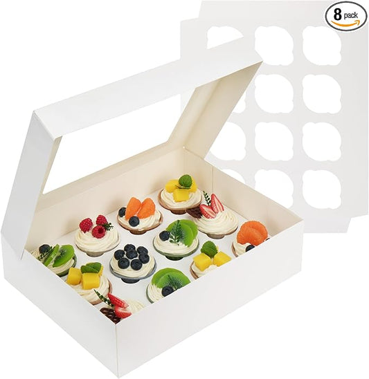 LotFancy 12 Count Cupcake Boxes, 8 Pack, White, 13x10x3.5 Inches | Auto-Pop up, with Window and Inserts, Food Grade, Cupcake Containers Carriers, for Birthday Holiday Party