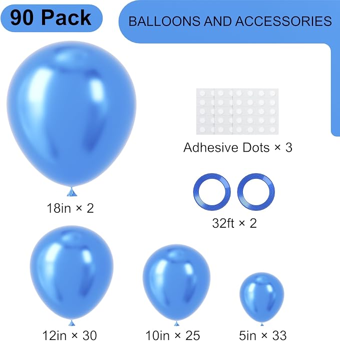 Voircoloria 90pack Metcllic Blue Balloons Different Size 18/12/10/5 Inch Metcllic Blue Balloon Garland Arch Kit for Graduation, Wedding, Birthday, Valentine's Day Party Decorations