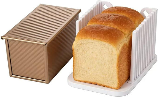 Pullman Loaf Pan with Lid, 1 LB Dough Capacity Non-Stick Bakeware, Bread Slicer for Homemade Bread, Carbon Steel Corrugated Gold Bread Toast Box Mold with Cover
