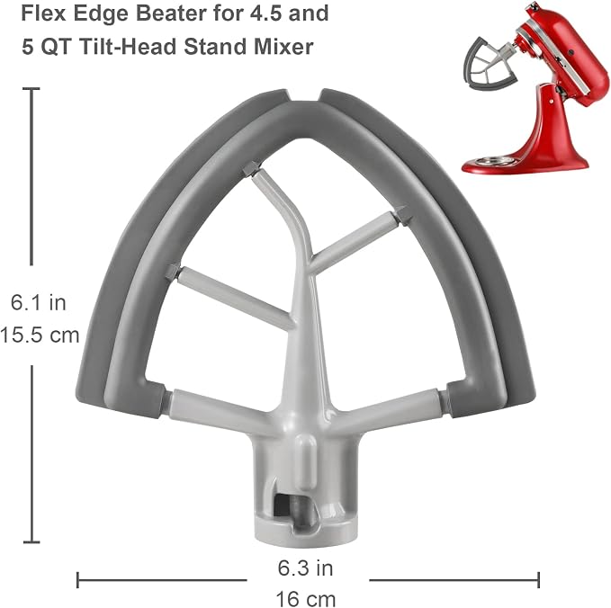 Flex Edge Beater for KitchenAid Tilt-Head Stand Mixer | 4.5-5 Quart Flat Beater Paddle with Flexible Silicone Edges Bowl Scraper, Grey