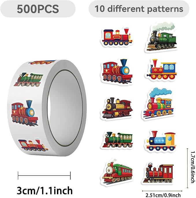 Vintage Train Stickers, 500Pcs Cartoon Steam Engine Stickers Self-Adhesive Railroad Stickers for Boys Train Party Favors Scrapbooking Envelope Seals Classroom Rewards