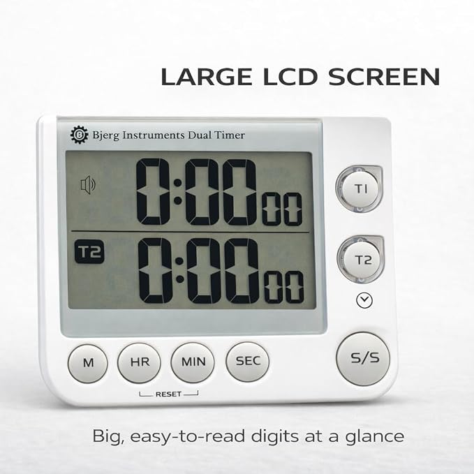 Bjerg Instruments Dual Digital Kitchen Timer – Count Up & Countdown Timer with Large LCD Display, Magnetic Back, Loud Alarm, Stand-Up Design (White)