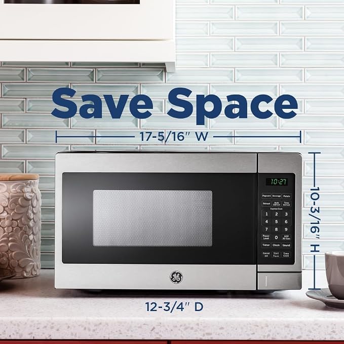 GE GCST07N1WSS Countertop Microwave Oven 700-watt Compact 0.7 Cu Ft Stainless Steel Bundle with 2 YR CPS Enhanced Protection Pack and Deco Chef Pair of Red Heat Resistant Oven Mitt