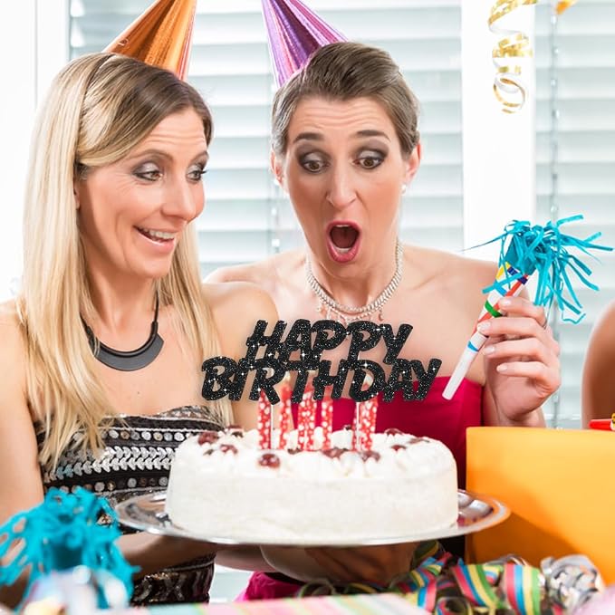 BEISHIDA black HAPPY BIRTHDAY Cake Topper, Happy Birthday Cake Bunting Decor,Birthday Party Decoration Supplies，Photo Booth Props