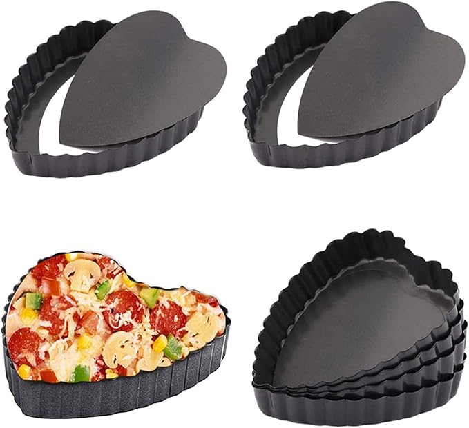 Mini Tart Pan, 6 PCS 4-inch Heart-Shaped Quiche Pans, With a Removable Bottom Pie Pan, Used For Desserts, Cake Baking, Black