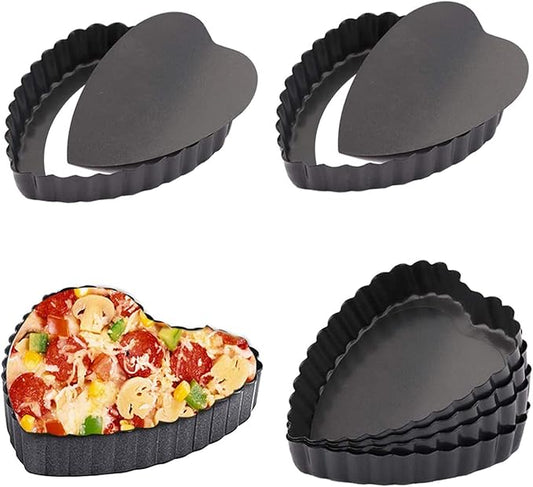Mini Tart Pan, 6 PCS 4-inch Heart-Shaped Quiche Pans, With a Removable Bottom Pie Pan, Used For Desserts, Cake Baking, Black