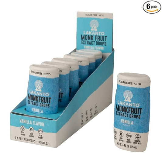 Lakanto Liquid Monk Fruit Extract Drops, Erythritol Free Sugar Substitute Sweetener For Tea, Coffee, Water & Smoothies, Low Calorie, Zero Sugar, Vegan, Keto, Vanilla Flavor (1.76 Fl Oz - Pack of 6)