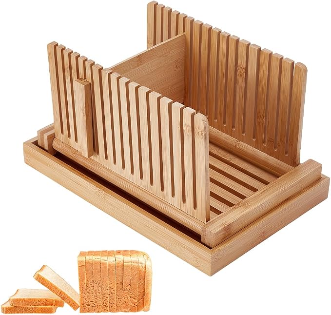UNICRAFTALE Adjustable Bamboo Bread Slicer with Crumb Tray Bread Cutter for Homemade Cutter Guide for Sourdough Bagels Cakes Loaves Kitchen Gadgets Baking Gift Set 12.68"x8.5"x6.69"