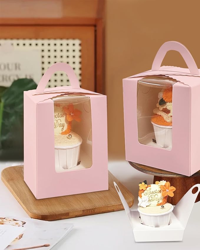 Bakepacker Individual Cupcake Boxes with Window 100 Count Pink Single Cupcakes Box 3.6"X3.6"X4.3" Cupcake Carrier