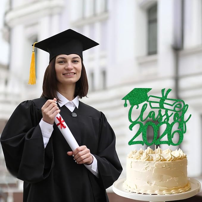 Gold Class of 2026 Congrats Grad Cake Topper Glitter Graduation Party Supplies - High School College Graduates -College Graduate Cake Topper Decorations (Class of 2026 green)