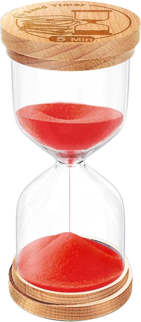 CNCJ Sand Timer 5 Minute, Wooden Red Hourglass Sand Clock Watch 5 Min, Small Reloj De Arena 5 Minutos, Glass Five Minute Sandglass for Desk Decor Kitchen Classroom Game Decorative