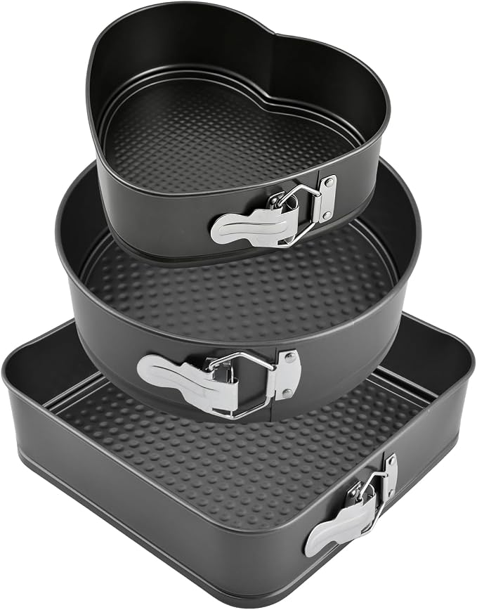Set of 3 Springform Cake Tins Heavy Duty, Double Layer Non-Stick Coating, Removable Base, Heavy Duty Carbon Steel, Perfect for Frozen Desserts - Oven Safe Bakeware (Square Round Heart)