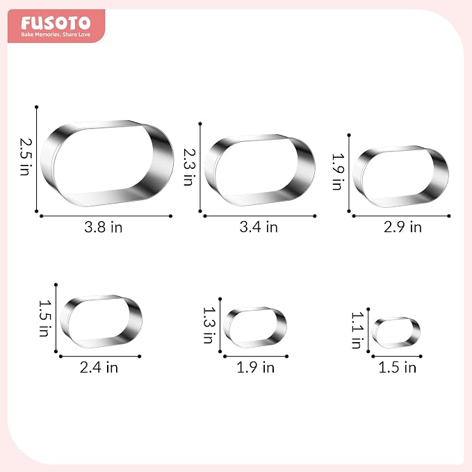 FUSOTO 6PCS Ellipse Cookie Cutters Set, Stainless Steel Kitchen Baking Supplies, for Biscuit, Homemade Cookies, Cake Decorating, Geometric Cookie Cutter, (1.5", 2", 2.5", 3", 3.5", 4"), Ellipse