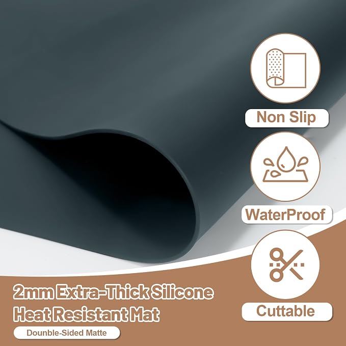 Silicone Heat Resistant Mats for Countertop, 2MM Extra Thick Mat for Kitchen Counter, Suitable for Airfryer, Microwave, Coffee Maker, Non Slip Hot Pad, Waterproof (Gray, 18.9 * 14.57)