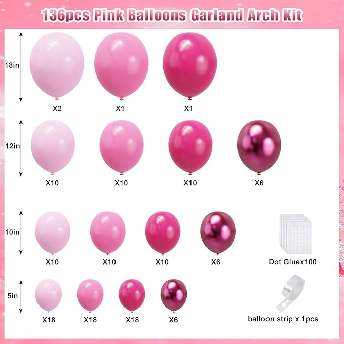 YMSZ Pink Balloon Garland Arch Kit, Hot Pink Balloons Metallic Balloon for Birthday,Princess, Wedding, Baby Shower, Valentine's Day Party Decorations