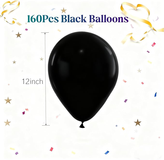 160pcs Black Balloons 12 Inch Matte Latex Balloons for Graduation Birthday Wedding Party Decorations