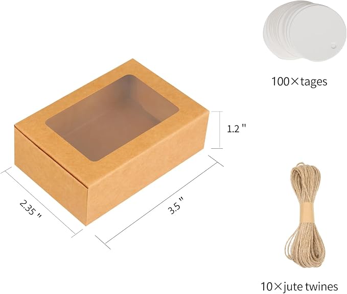 COTOPHER Soap Box, 100Pcs Small Soap Packaging Boxes 3.5x2.35x1.2 Inch Mini Kraft Boxes with Window Soap Boxes for Homemade Soap Candy Chocolate Bakery Cookies Soap Packaging